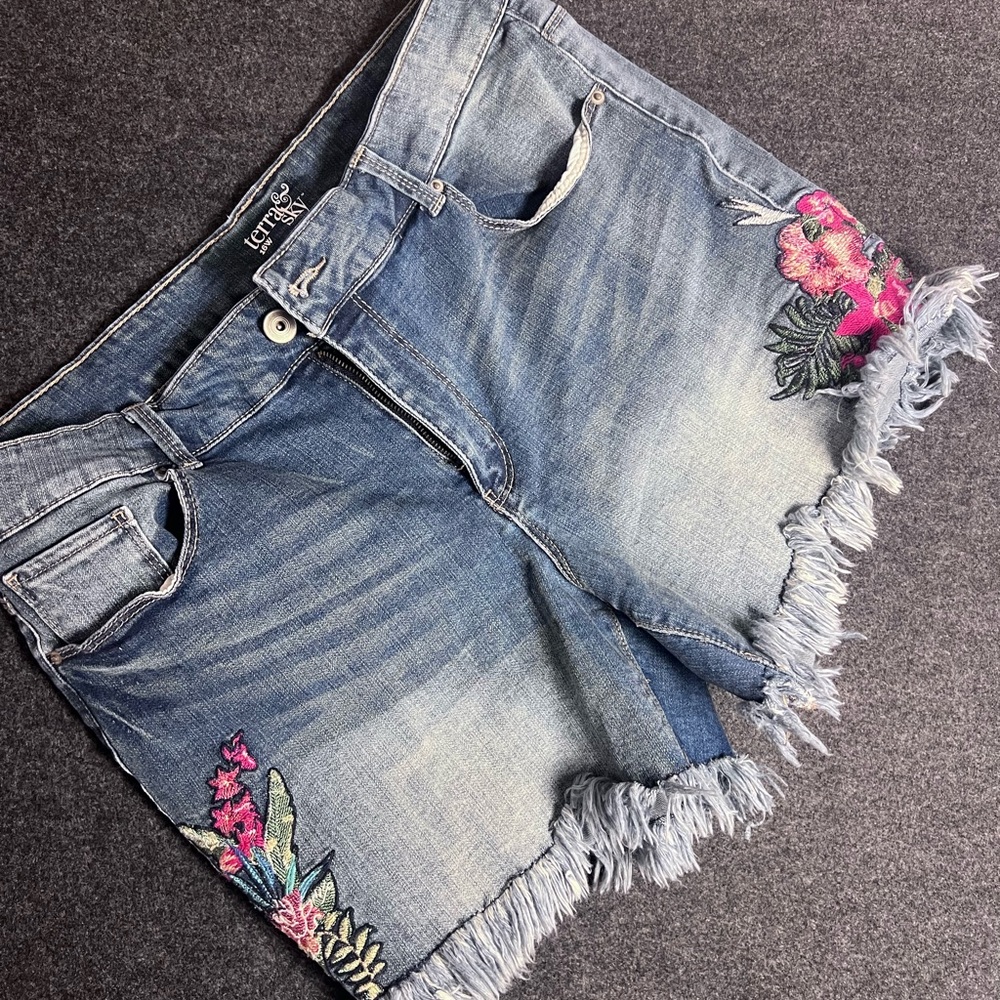 Terra & Sky Blue and Pink Jean Shorts with Floral Embroidery